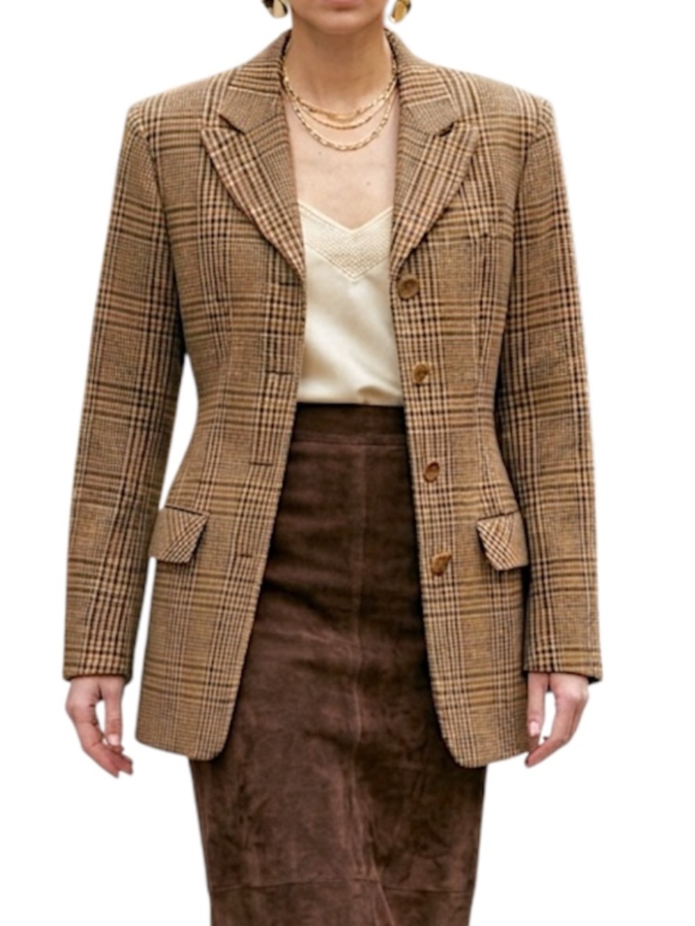 VTG 90s silk wool old money tan brown black plaid longline hourglass blazer 4